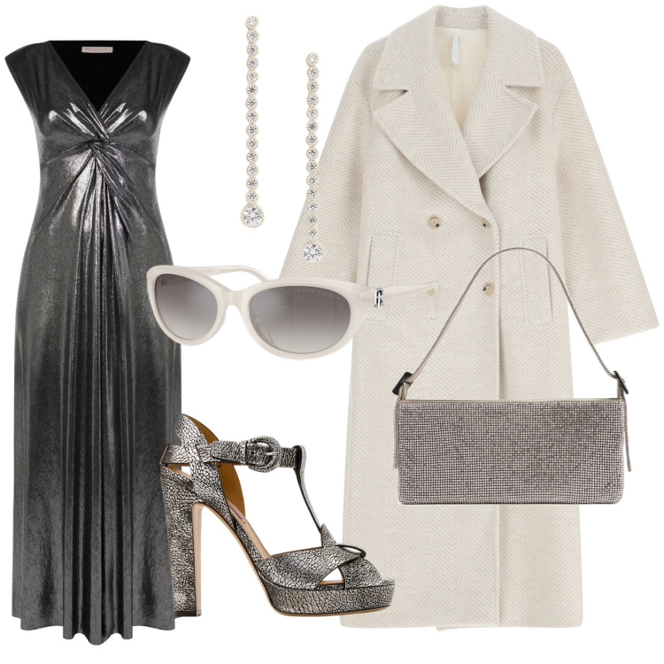Outfit donna - Effetto etereo. Stile Glamour per Serata fuori. Abbinamento con vestiti, cappotti, occhiali da sole, sandali, orecchini, borse a spalla.