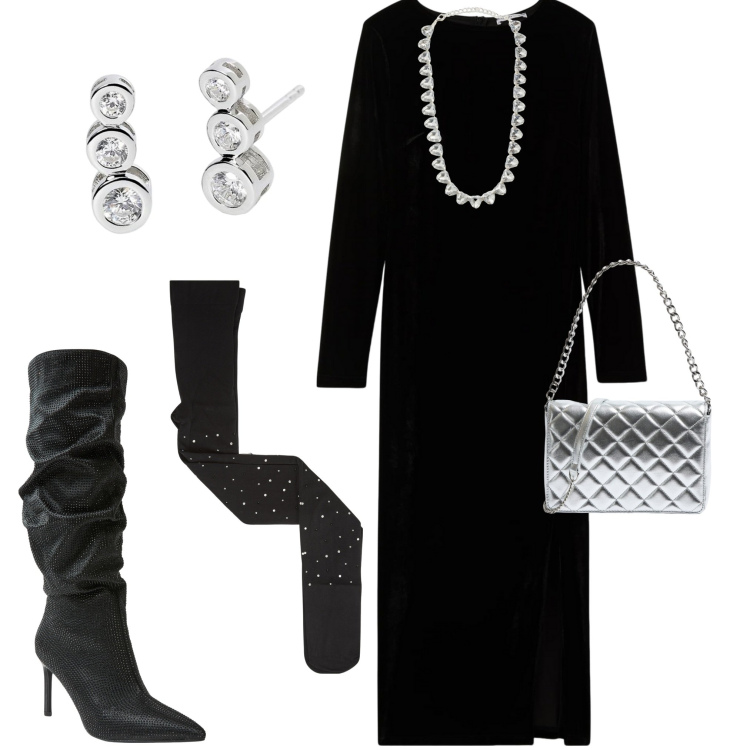 Outfit donna - Xmas edition. Stile Chic per Serata fuori. Abbinamento con vestiti lunghi, collant, collane, stivali, borse a tracolla, orecchini.