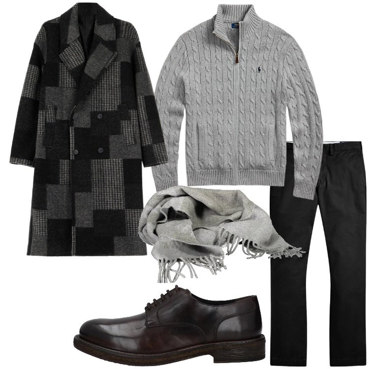 Outfit uomo - Strati e texture invernali. Stile Trendy per Ufficio. Abbinamento con scarpe stringate, cappotti, pantaloni, maglieria, sciarpe.