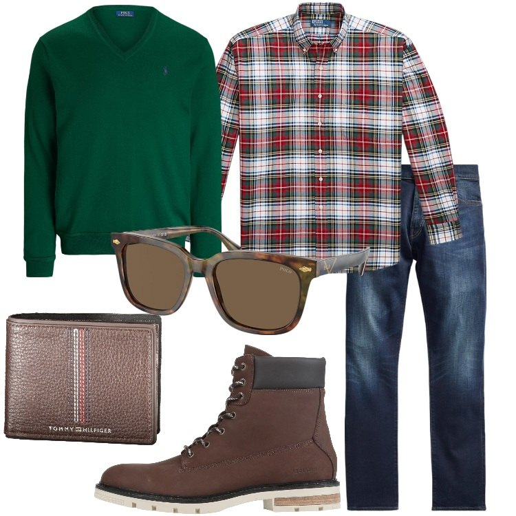 Outfit uomo - Regali natalizi. Stile Casual per Tutti i giorni. Abbinamento con stivali e stivaletti, jeans, occhiali da sole, maglieria, camicie, portafogli.