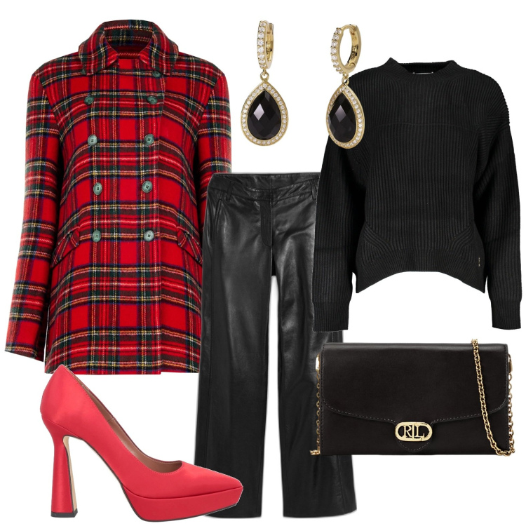 Outfit donna - Tartan moderno. Stile Bon Ton per Serata fuori. Abbinamento con pantaloni, décolleté, orecchini, cappotti, borse a tracolla, maglieria.