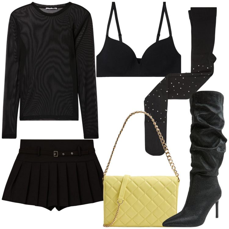 Outfit donna - Christmas 2024. Stile Sexy per Serata fuori. Abbinamento con collant, t-shirt, gonne, borse a tracolla, reggiseni, stivali.