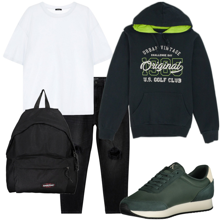 Outfit uomo - Total look #2013902. Stile Casual per Tutti i giorni. Abbinamento con jeans strappati, t-shirt, felpe con cappuccio, sneakers, borse sportive.