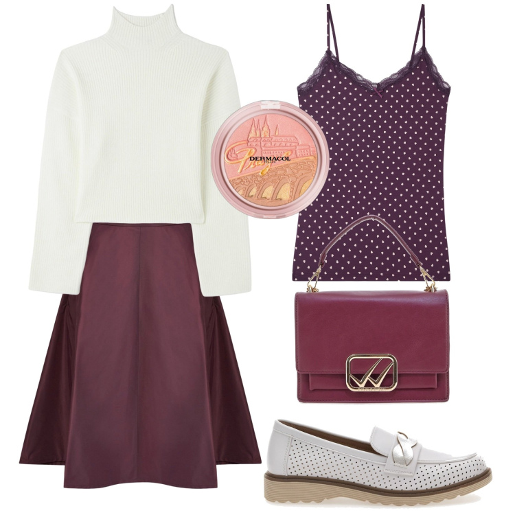 Outfit donna - Praga. Stile Bon Ton per Tutti i giorni. Abbinamento con terre, magliette intime, maglieria, mocassini, borse a tracolla, gonne.