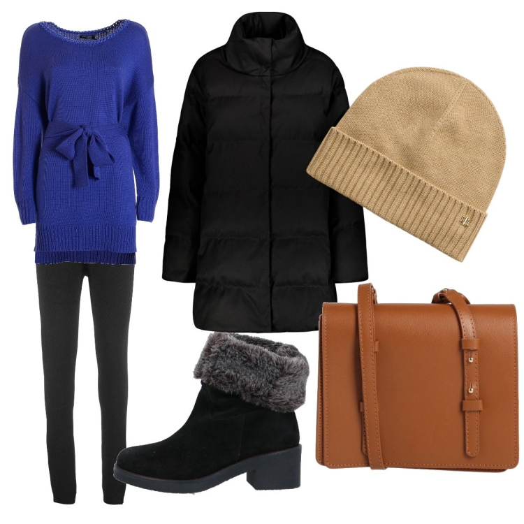 Outfit donna - Tempo di feste. Stile Urban per Tutti i giorni. Abbinamento con leggings, borse a tracolla, stivaletti, vestiti midi/longuette, berretti, cappotti.
