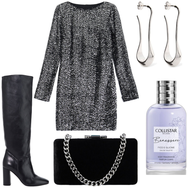 Outfit donna - Argento per le feste. Stile Glamour per Serata fuori. Abbinamento con profumi, vestiti corti, stivali, clutch, orecchini.