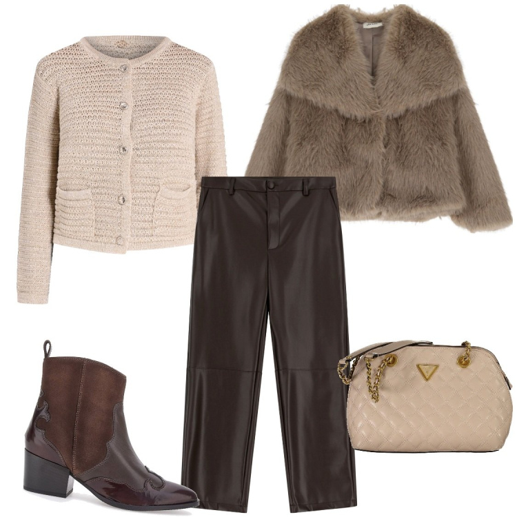 Outfit donna - Total look #2013933. Stile Chic per Serata fuori. Abbinamento con cardigans, pantaloni, ecopellicce, stivaletti texani, borse a spalla.