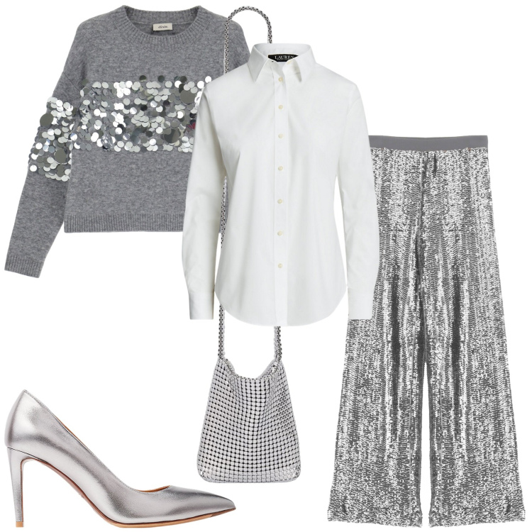 Outfit donna - Silver night. Stile Chic per Serata fuori. Abbinamento con pantaloni, pullovers, camicie, décolleté, borse a spalla.