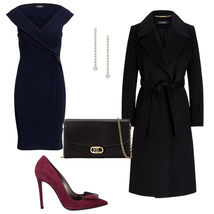 Outfit donna - Cena romantica a dicembre. Stile Chic per Serata fuori. look ideale per Petite. Abbinamento con décolleté, borse a tracolla, vestiti, cappotti, orecchini.