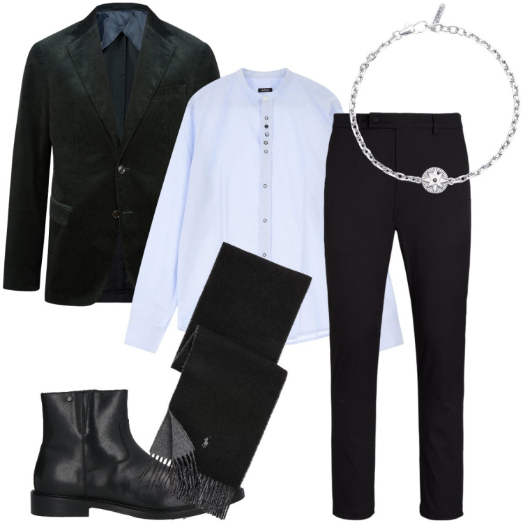 Outfit uomo - L’eleganza del nero. Stile Business/Elegante per Serata speciale. Abbinamento con stivali e stivaletti, braccialetti, camicie, pantaloni, sciarpe, giacche.