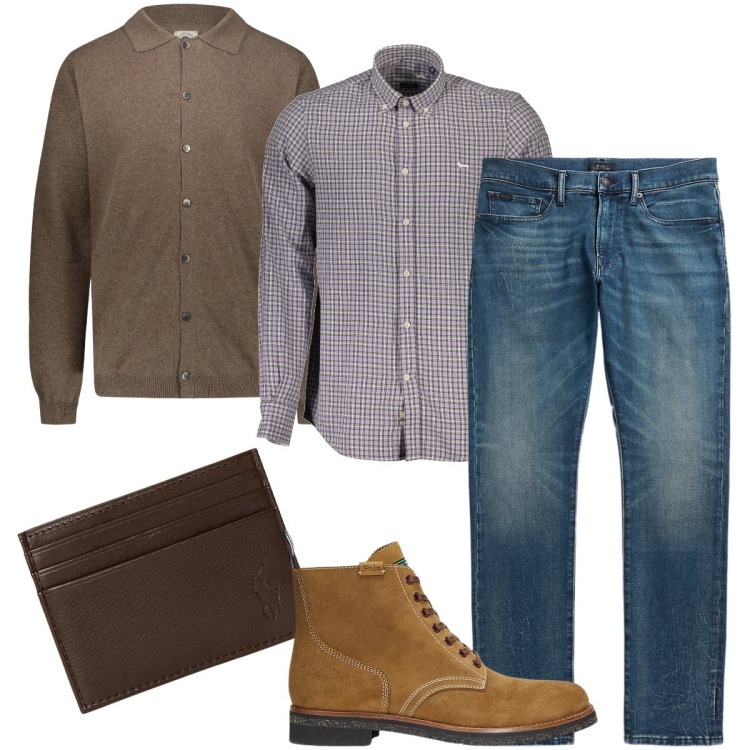 Outfit uomo - Il cardigan marrone. Stile Casual per Ufficio. Abbinamento con portafogli, jeans, stivali, polo, camicie.
