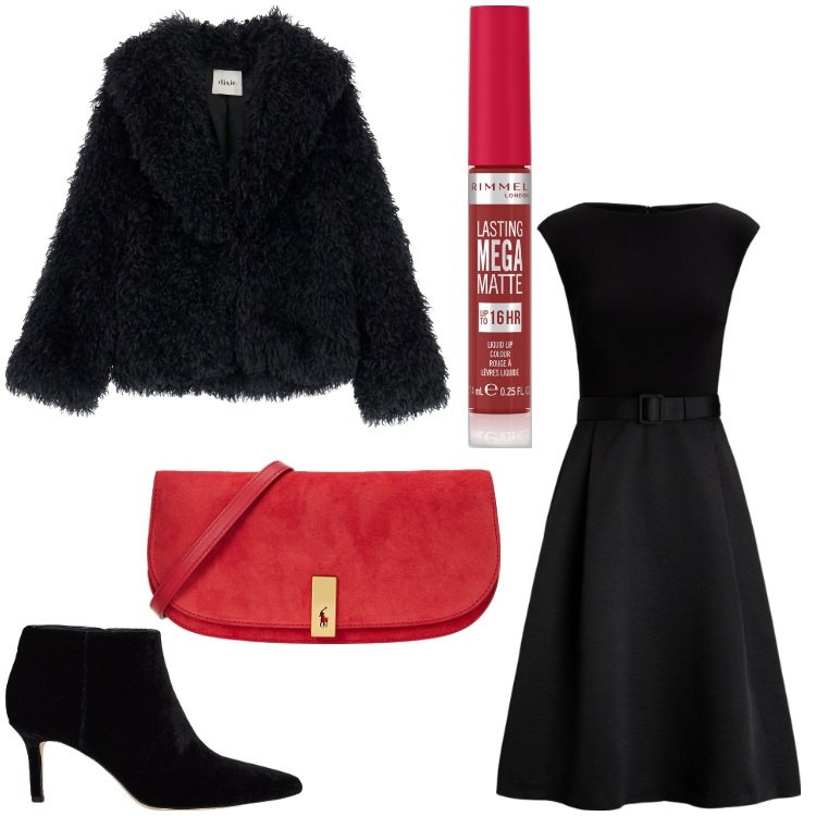 Outfit donna - Nero da sera. Stile Chic per Serata fuori. Abbinamento con rossetti, vestiti, clutch, stivaletti, blazer.