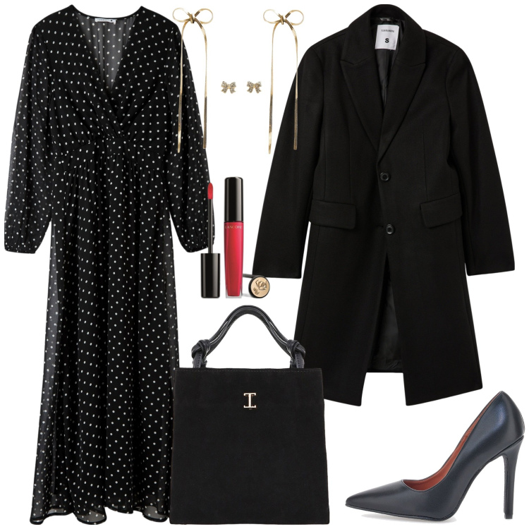 Outfit donna - L\'occasione importante. Stile Chic per Tutti i giorni. Abbinamento con gloss, vestiti lunghi, cappotti, orecchini, shopping bag, décolleté.