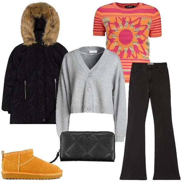 Outfit donna - Il parka per il freddo. Stile Casual per Tutti i giorni. Abbinamento con cardigans, jeggings, parka, stivali, maglieria, portafogli.