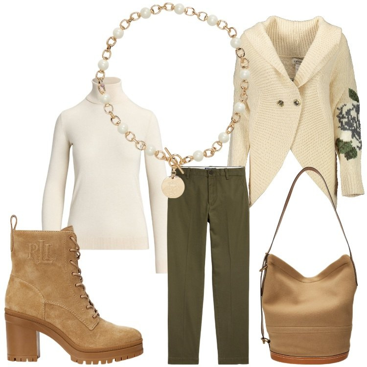 Outfit donna - Toni delicati. Stile Casual chic per Ufficio. Abbinamento con pantaloni chino, maglieria, collane, stivaletti, borse a mano, cardigans.