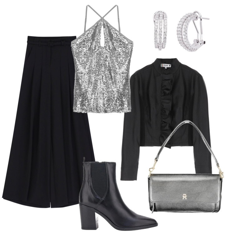 Outfit donna - A cena con il top argento. Stile Glamour per Serata fuori. Abbinamento con giacche, orecchini, pantaloni, top, stivaletti, borse a spalla.