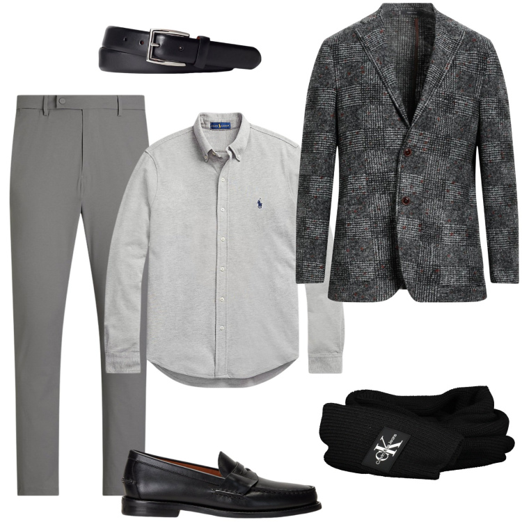 Outfit uomo - Mr. Grey. Stile Business/Elegante per Ufficio. Abbinamento con giacche, scarpe stringate, camicie, cinture, pantaloni, sciarpe.
