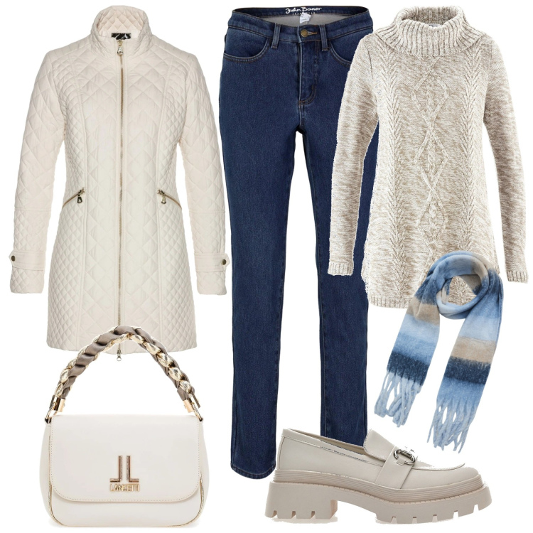 Outfit donna - Bianco invernale. Stile Casual per Tutti i giorni. Abbinamento con blazer, maglieria, jeans, sciarpe, borse a tracolla, mocassini.