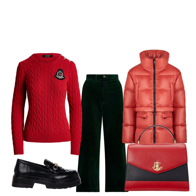 Outfit donna - Mese natalizio. Stile Basic per Tutti i giorni. Abbinamento con mocassini, pantaloni, maglieria, borse a mano, piumini.