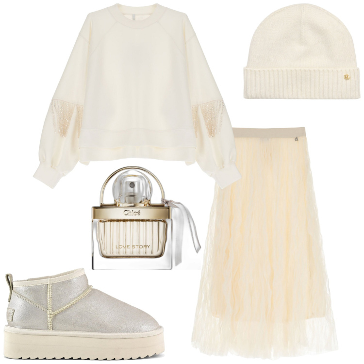 Outfit donna - Bianco invernale. Stile Boho per Serata fuori. Abbinamento con profumi, felpe, gonne lunghe, berretti, stivaletti.