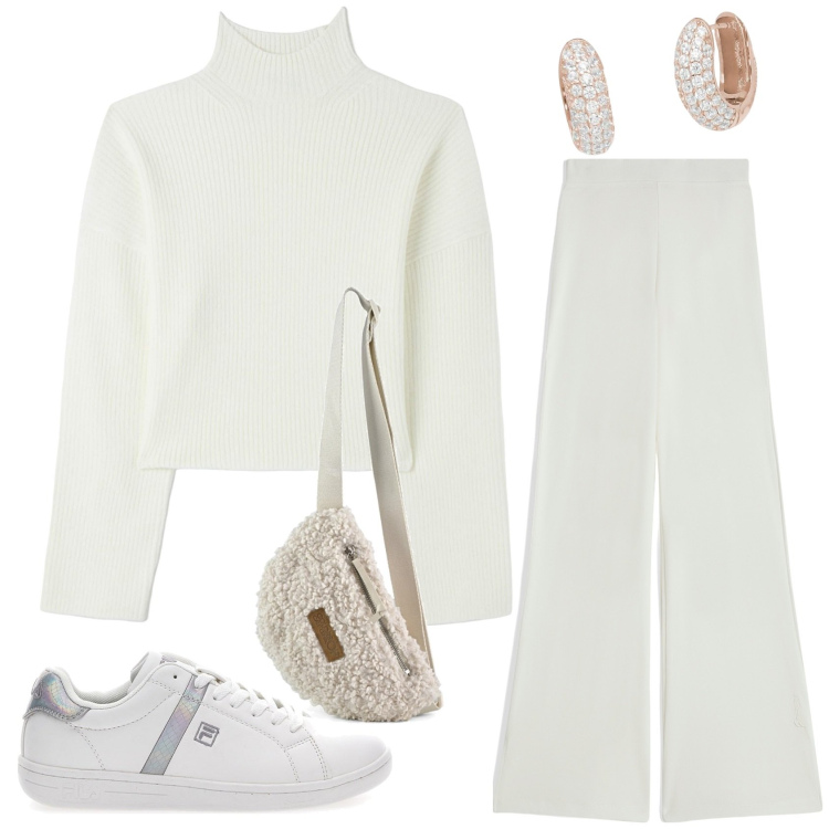 Outfit donna - Bianco dicembre. Stile Chic per Tutti i giorni. Abbinamento con maglieria, orecchini, pantaloni, marsupi, sneakers.