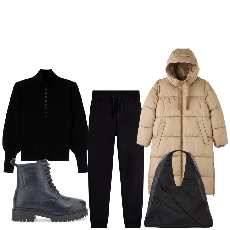 Outfit donna - Incappucciata. Stile Basic per Tutti i giorni. Abbinamento con piumini, maglieria, pantaloni, anfibi, shopping bag.