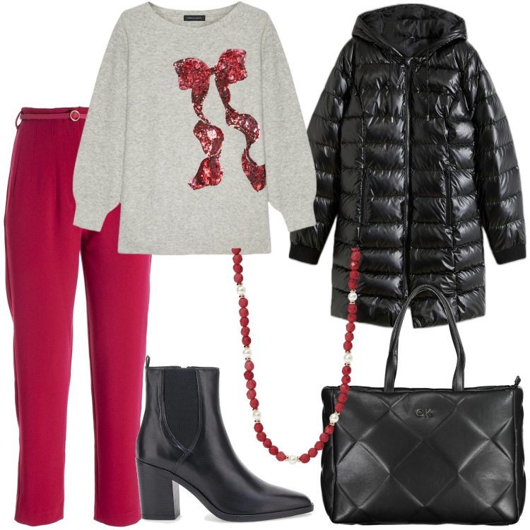 Outfit donna - Cosy Christmas Style. Stile Glamour per Serata fuori. Abbinamento con piumini, collane, pantaloni, stivaletti, maglieria, borse a spalla.