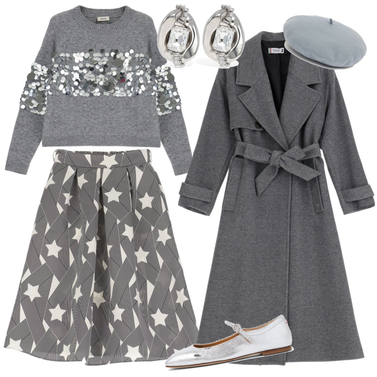 Outfit donna - Stelle e paillets per Natale. Stile Chic per Tutti i giorni. Abbinamento con gonne lunghe, pullovers, trench, ballerine, orecchini, cappelli.