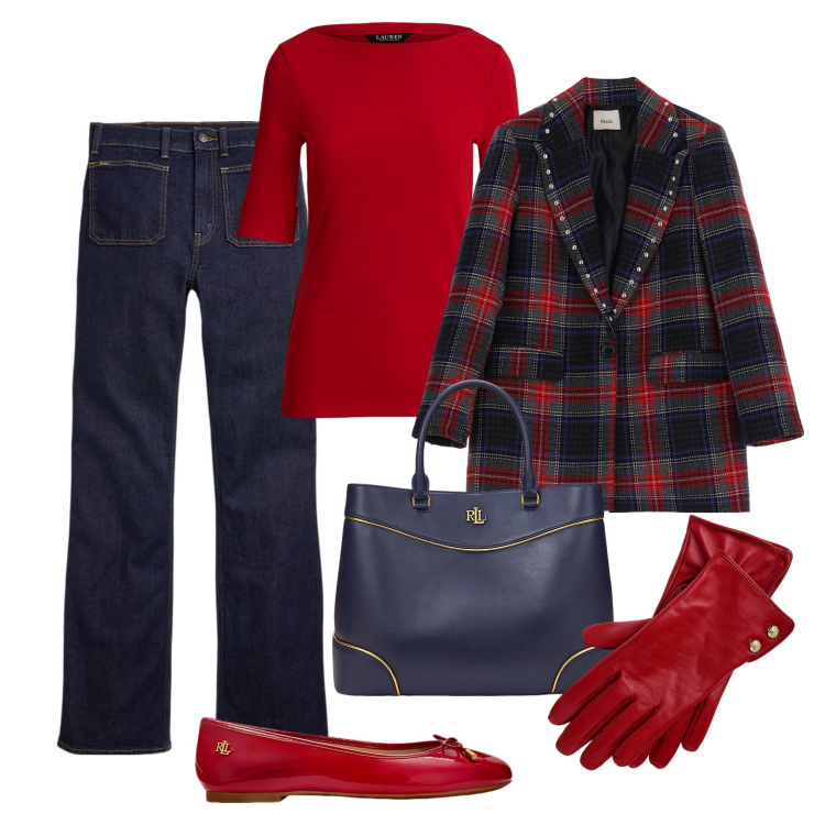 Outfit donna - Stile parigino tartan @laloba. Stile Sporty chic per Tutti i giorni. Abbinamento con blazer, t-shirt, jeans bootcut, ballerine, guanti, borse a mano.