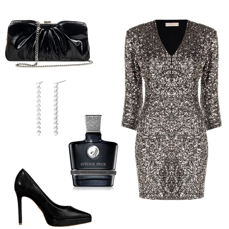 Outfit donna - Argento a dicembre. Stile Chic per Serata fuori. Abbinamento con profumi, orecchini, vestiti midi/longuette, décolleté, pochette.