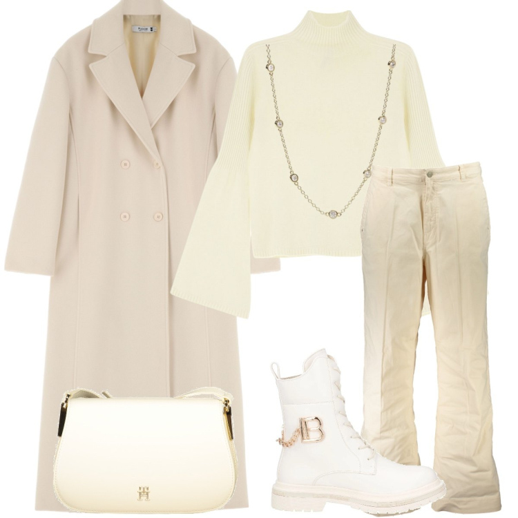 Outfit donna - Total look #2014011. Stile Casual chic per Tutti i giorni. Abbinamento con anfibi, collane, cappotti, maglieria, pantaloni, borse a tracolla.