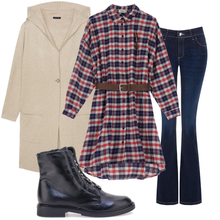 Outfit donna - Total look #2014022. Stile Casual per Tutti i giorni. Abbinamento con jeans a zampa, vestiti, stivaletti, cardigans.