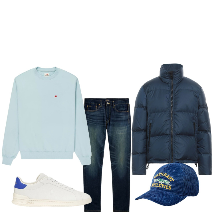 Outfit uomo - Sfumature di blu. Stile Urban per Tutti i giorni. Abbinamento con piumini, felpe, jeans, sneakers, cappelli.