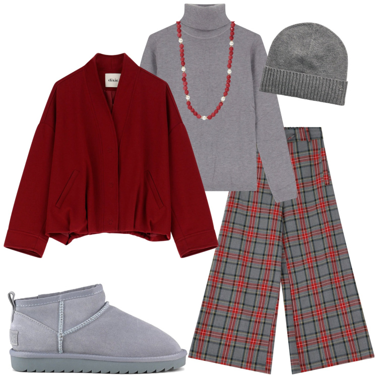 Outfit donna - Tartan a dicembre. Stile Trendy per Serata fuori. Abbinamento con collane, maglieria, pantaloni, blazer, berretti, stivali.