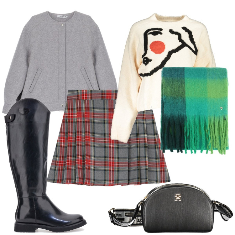Outfit donna - Appuntamento al centro commerciale. Stile Preppy per Tutti i giorni. Abbinamento con bomber, minigonne, stole, stivali, borse a tracolla, maglieria.