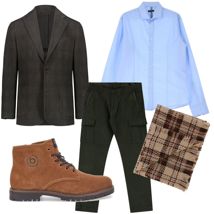 Outfit uomo - La camicia classica. Stile Urban per Ufficio. Abbinamento con sciarpe, camicie, pantaloni cargo, stivali e stivaletti, giacche.