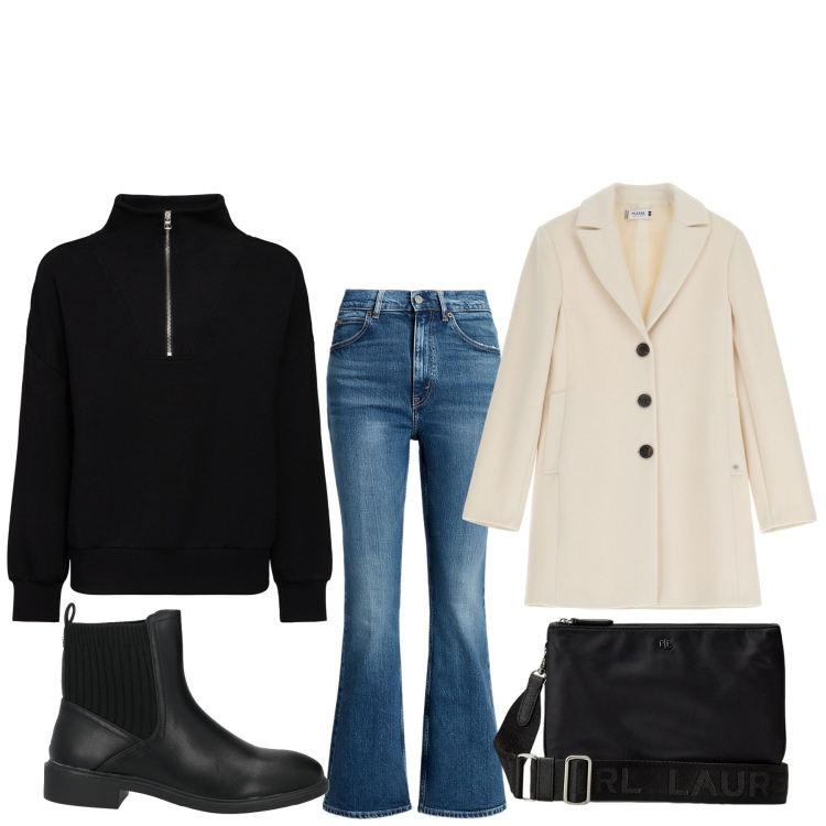 Outfit donna - Jeans a zampa. Stile Basic per Tutti i giorni. Abbinamento con stivaletti chelsea, cappotti, borse a tracolla, jeans, maglieria.