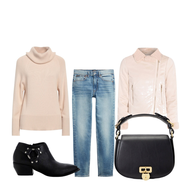 Outfit donna - Preparando la tesi. Stile Basic per Scuola/Università. Abbinamento con maglieria, giacche, stivaletti, borse a tracolla, jeans skinny.