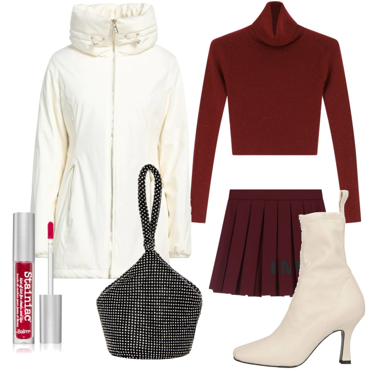 Outfit donna - Alla pista di pattinaggio. Stile Bon Ton per Tutti i giorni. Abbinamento con piumini, stivaletti, blush, pochette, maglieria, minigonne.