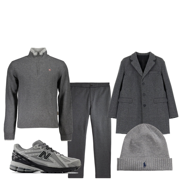 Outfit uomo - Grey man. Stile Urban per Tutti i giorni. Abbinamento con sneakers, cappotti, berretti, pantaloni, maglieria.