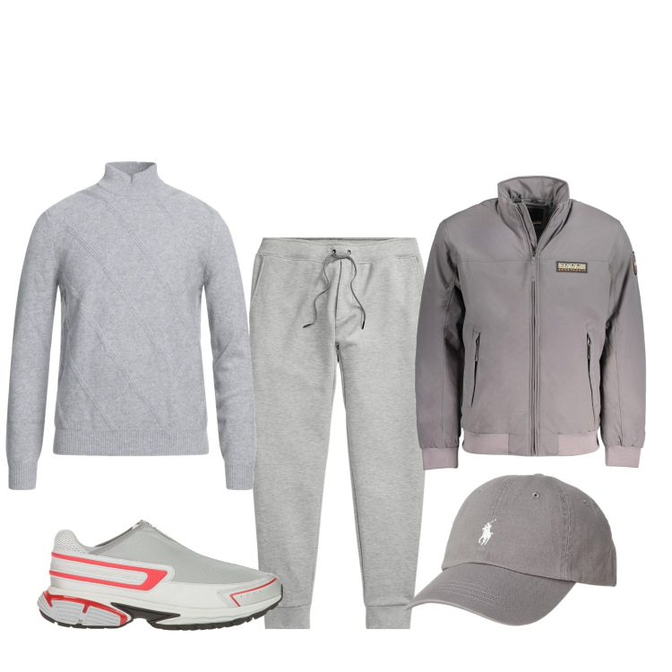 Outfit uomo - Di corsa a fare la spesa. Stile Urban per Tutti i giorni. Abbinamento con maglieria, sneakers, cappelli, pantaloni, giacche.