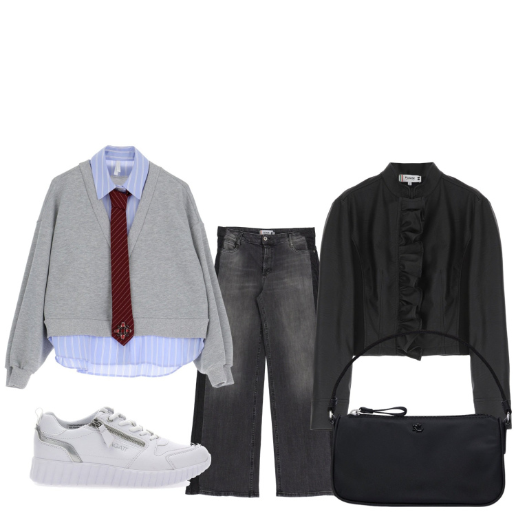 Outfit donna - Con la cravatta. Stile Basic per Tutti i giorni. Abbinamento con jeans, giacche, felpe, pochette, sneakers.