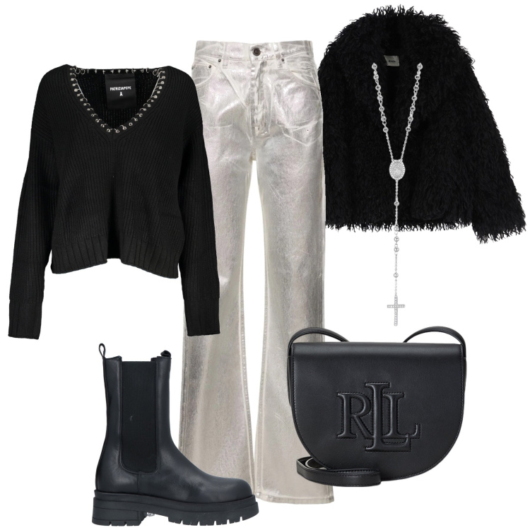 Outfit donna - Argento in città very cool !. Stile Trendy per Tutti i giorni. Abbinamento con stivaletti, collane, cappotti, borse a tracolla, maglieria, pantaloni.