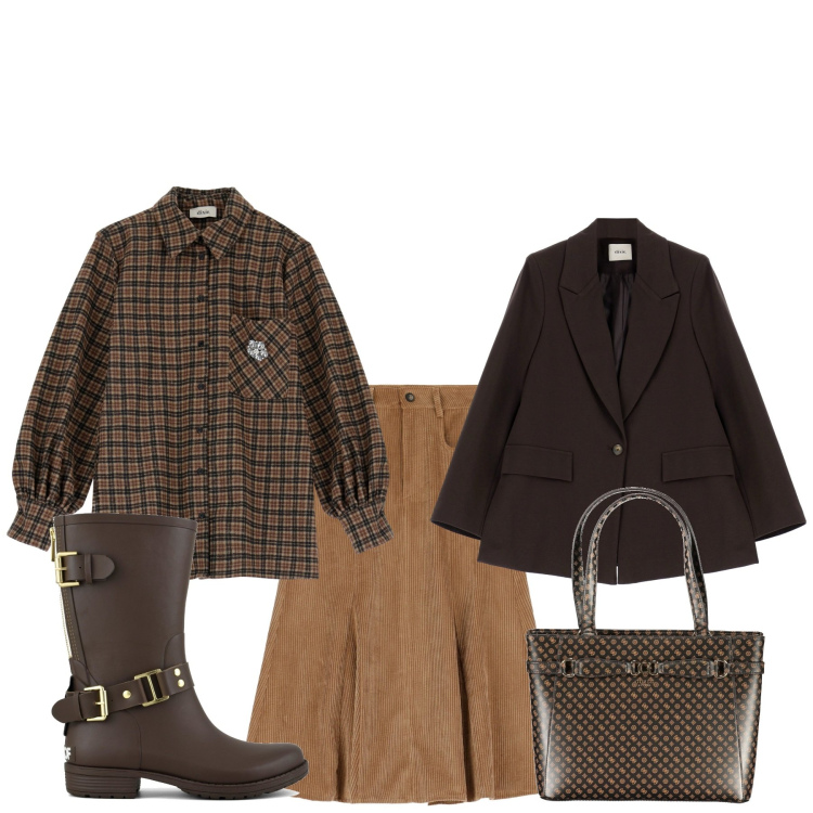 Outfit donna - Irlanda arrivo. Stile Basic per Tutti i giorni. Abbinamento con gonne longuette, blazer, camicie, stivali, borse a spalla.
