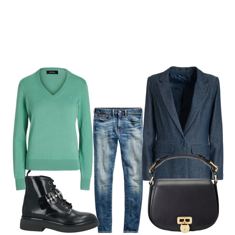 Outfit donna - Real life. Stile Basic per Tutti i giorni. Abbinamento con anfibi, blazer, jeans skinny, borse a tracolla, maglieria.