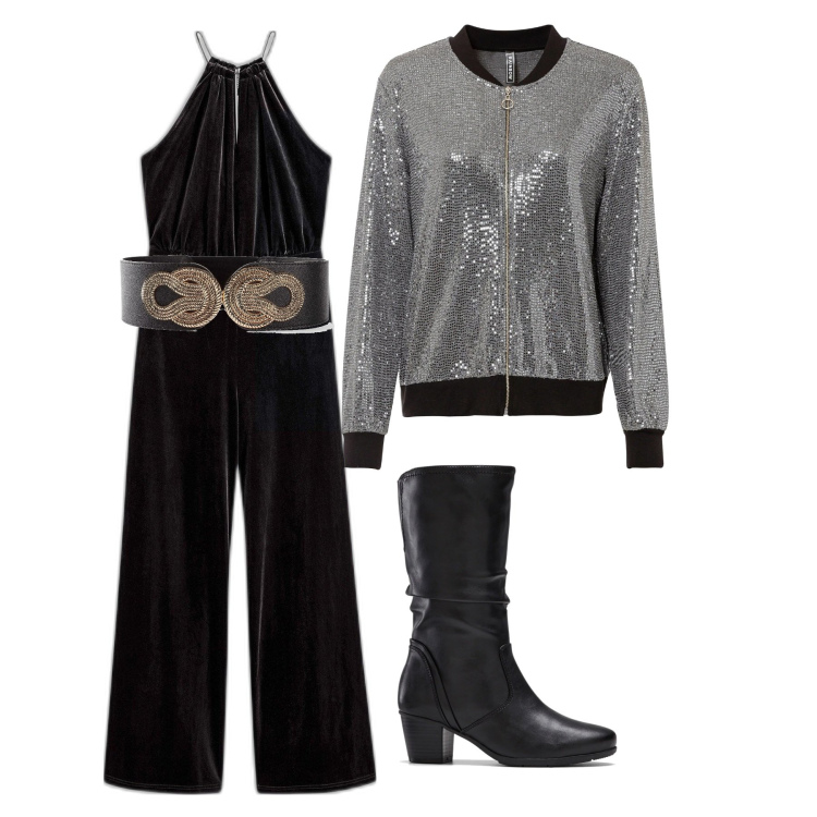 Outfit donna - bonprix - Party Glam. Stile Glamour per Serata fuori. Abbinamento con stivali, tute, cinture, bomber.