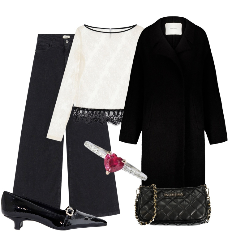 Outfit donna - Jeans anche per le feste. Stile Trendy per Serata fuori. Abbinamento con anelli, top, ballerine, jeans, cappotti, borse a spalla.