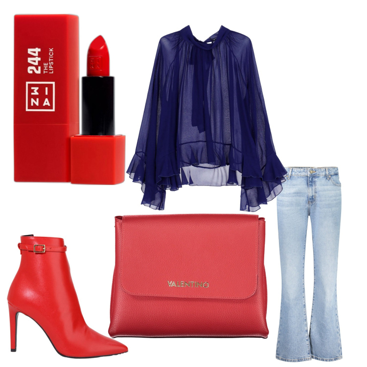 Outfit donna - Accessori rossi. Stile Chic per Serata fuori. Abbinamento con rossetti, stivaletti, camicie, jeans dritti, borse a spalla.