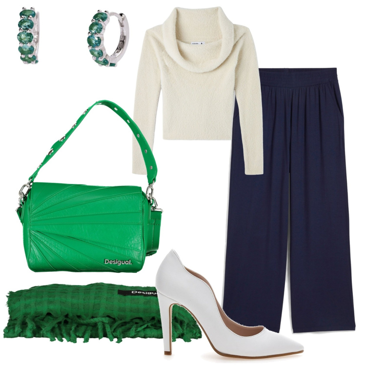 Outfit donna - Il verde natalizio. Stile Chic per Tutti i giorni. Abbinamento con pantaloni, maglieria, orecchini, décolleté, sciarpe, borse a spalla.