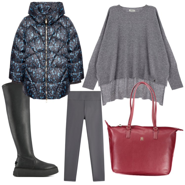 Outfit donna - Grigio e leggins. Stile Casual per Tutti i giorni. Abbinamento con leggings, pullovers, stivali sopra il ginocchio, borse a spalla, piumini.